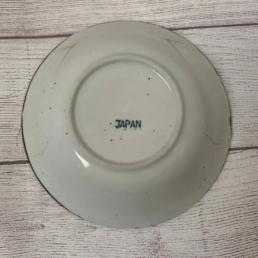 Vintage Japanese Speckled Stoneware Bowl Blue Poppy Peony Floral Scalloped Rim
